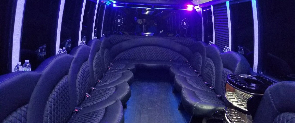 A large bus with many seats in it